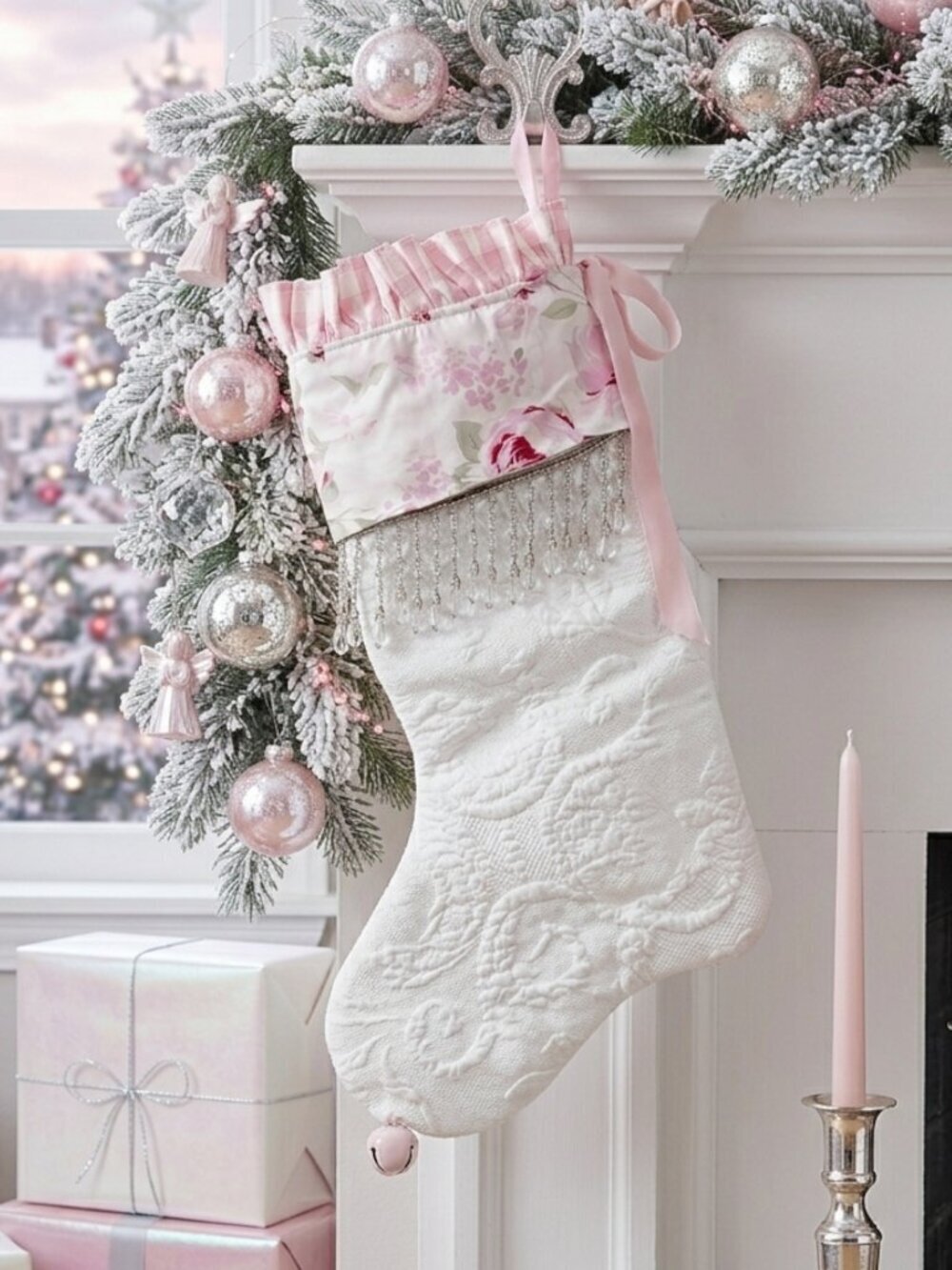 Shabby Vintage Chic Christmas Pink White Cabbage Roses Floral Stocking Beaded